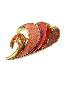 Vintage Gold Tone Enamel Brooch Pink Orange Swirl Abstract Leaf 2.25”